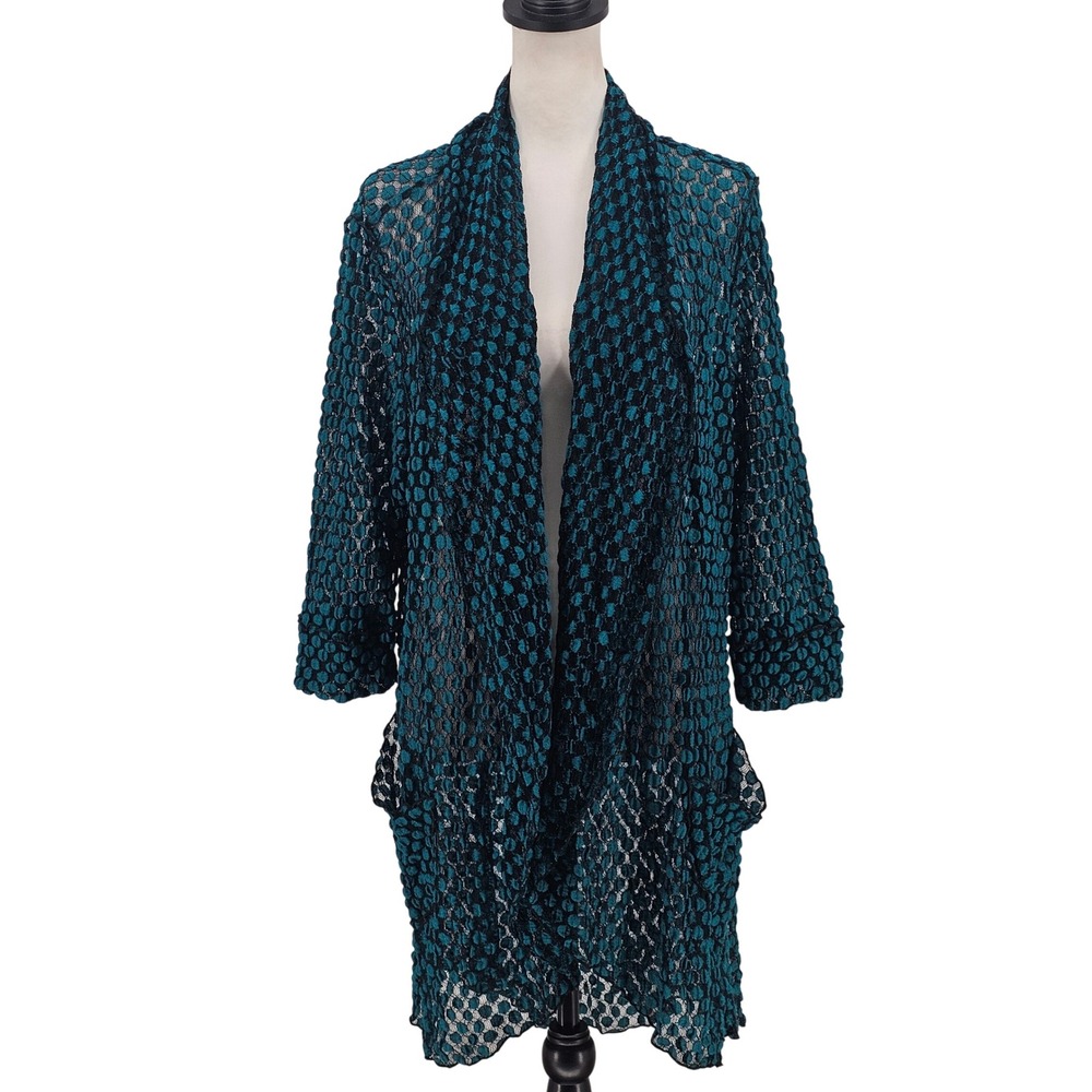 IC by Connie K Textured Sheer Cardigan XL Teal Black Lace Lagenlook Art to Wear